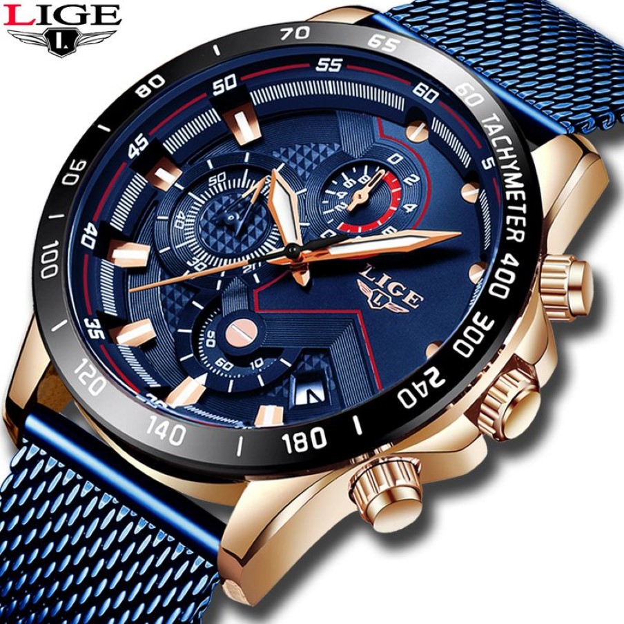 Lige Fashion Mens Watches Top Brand Wristwatch Wristwatch Quartz Clock Blue Watch Men Menproof Sport Chronograph Relogio Masculino C2661