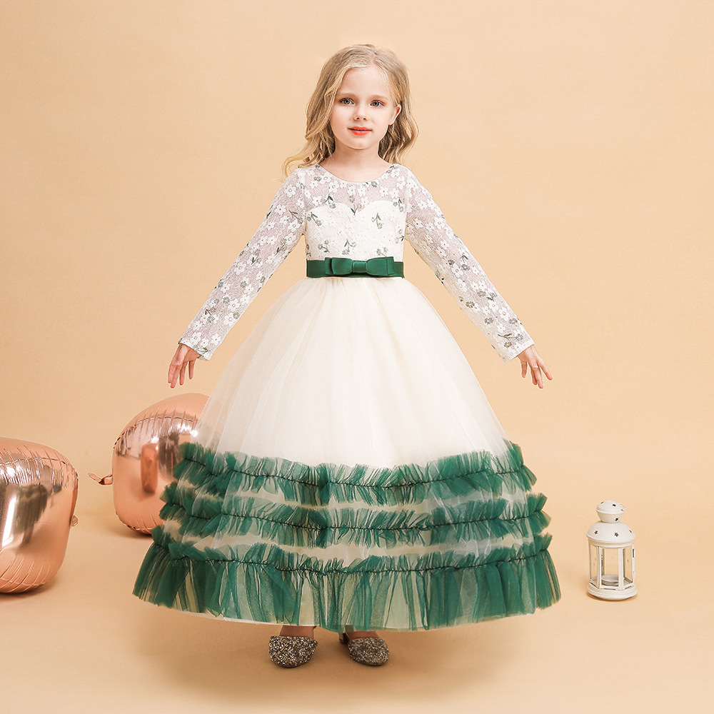 Sweet Green/Ivory Jewel Long ärmflickans födelsedag/festklänningar Girl's Pageant Dresses Flower Girl Dresses Girls Everyday kjolar Kids 'Wear SZ 2-10 D327238