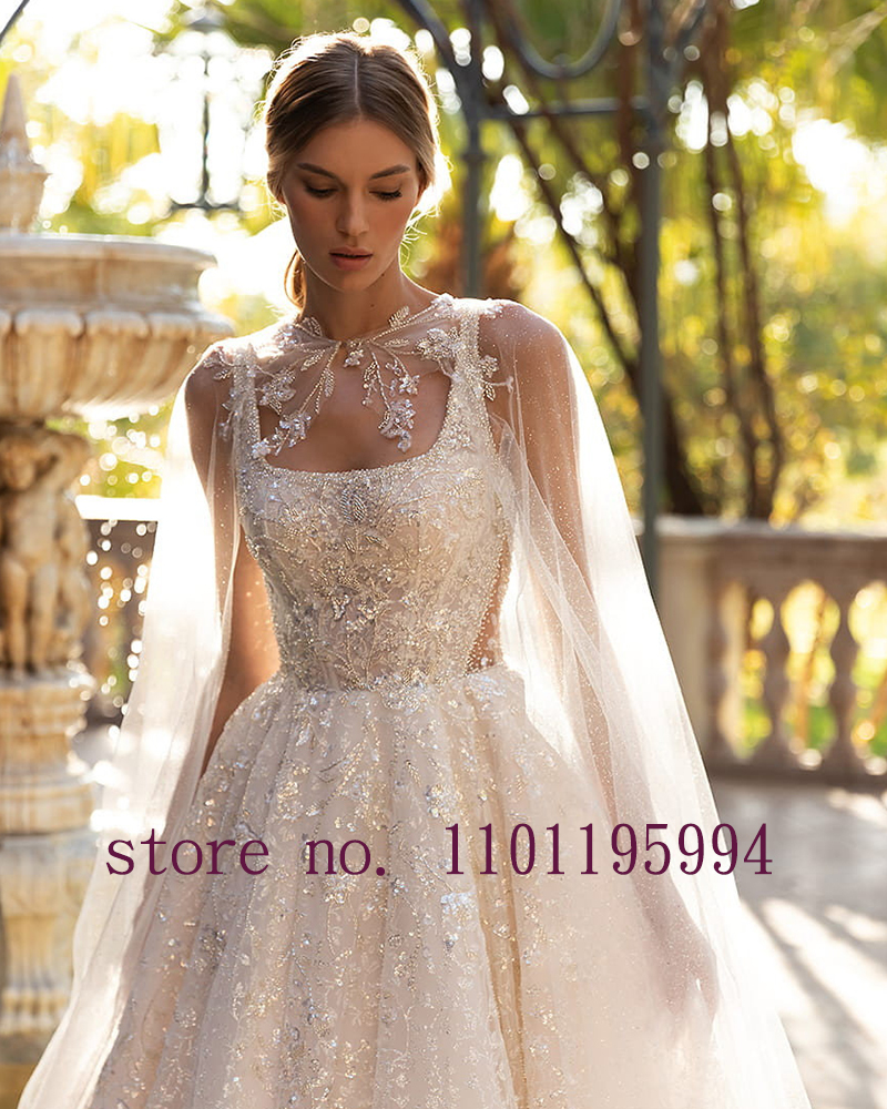 Shoulder Straps Pearls Up Back Sparkly Beading Crystal Sequins Shiny Wedding Dresses With Detachable Shawl