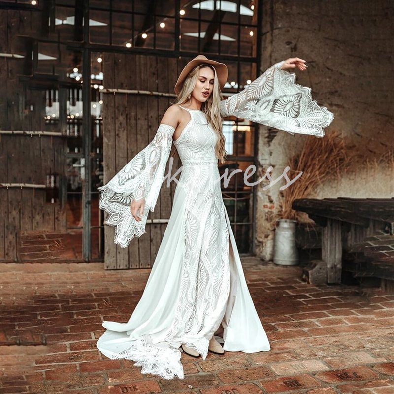 الفساتين الزفاف من Elvish Boho مع الأكمام المضيئة 2024 Princess High Slit Beach Beachemian Bridal Dresses Elegant Floor Light Vestido de Novia Robe Mariee