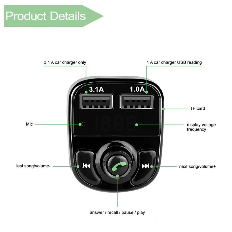 Trasmettitore FM X8 Modulatore Aux Kit vivavoce auto Bluetooth Lettore MP3 audio con caricatore doppio USB a ricarica rapida 3.1A senza confezione