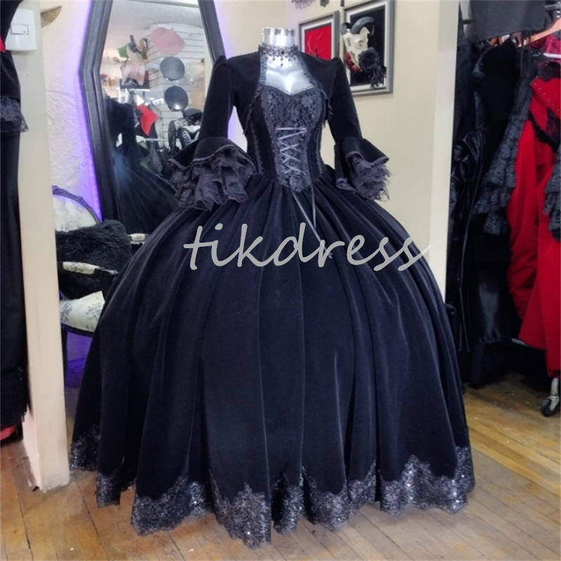 Renaissance-koloniale georgianische schwarze Ballkleider, historisches viktorianisches Kostüm aus dem 18. Jahrhundert, mittelalterliches Rokoko-Abendkleid, Vampir-Gothic-Halloween-Jackenparty