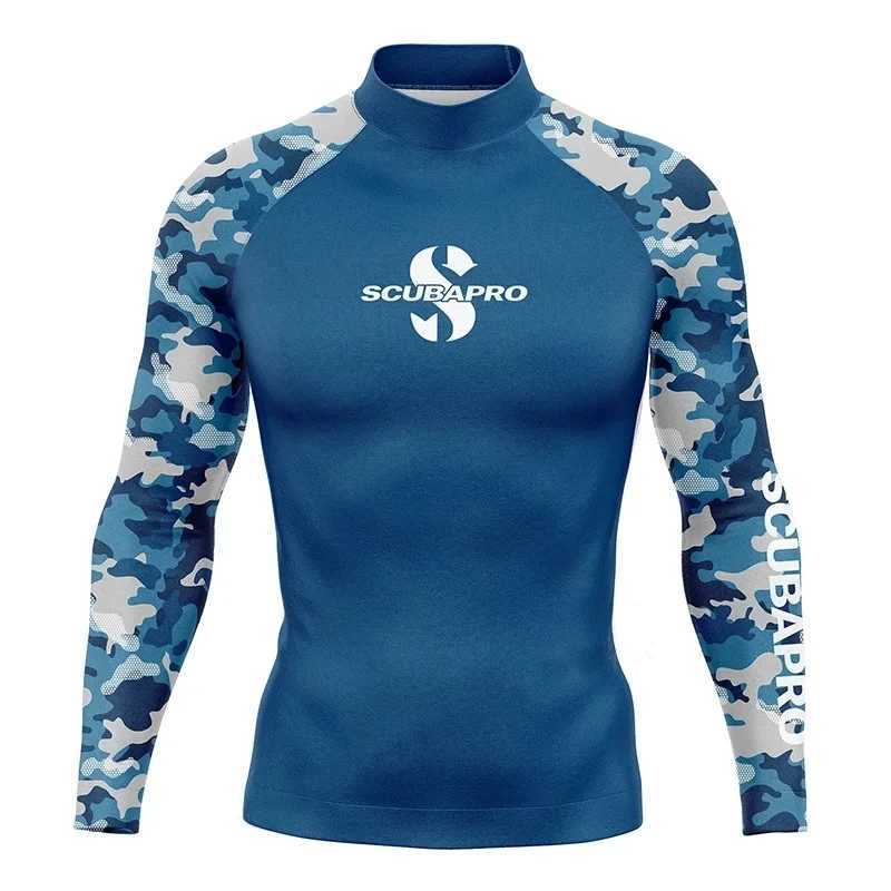 Mäns badkläder 2024 Mens Anti-UV Surf Shirt Långärmad badkläder andningsbar snabbtorkande simning T-shirt Sommarstrandkläder utslag vakter surfing 24327