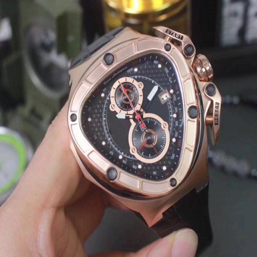 Новая версия Хронограф Рабочий Треугольник Часы Мужчины Юбилей VK Кварцевый Спортивный Гоночный Автомобиль 18-каратного Розового Золота Кожаные Мужские Часы Watches202C