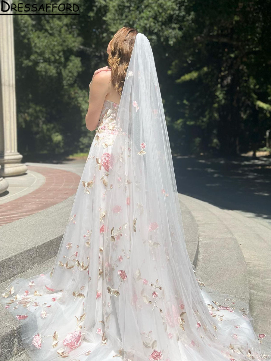 Floral A Line Bride Dress Longeplees Backless Tulle Wedding Dresses For Women Robe de Mariee