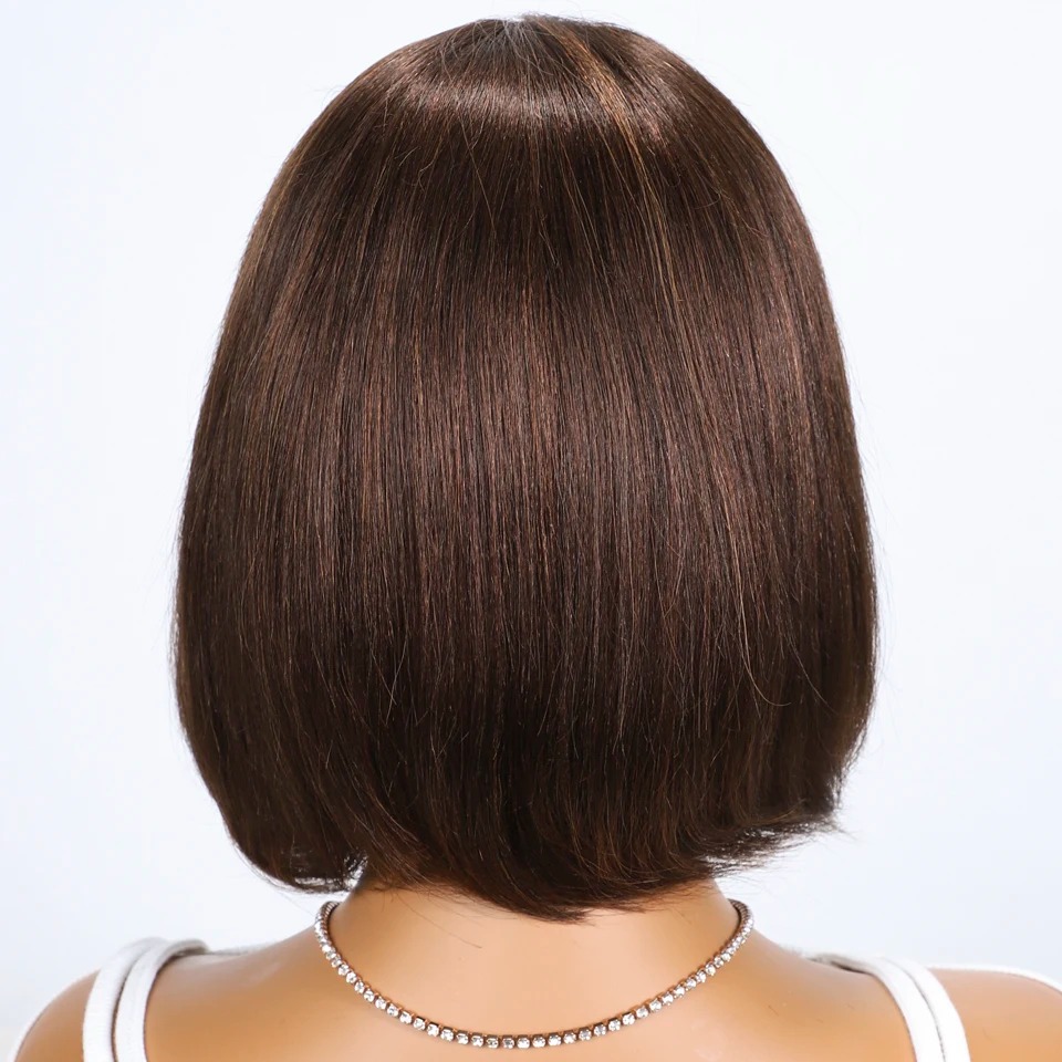 Sleek Short Human Hair Wigs for Women 4X4 Lace Closure Chocolate Brown Short Bob Wigs F4/30 Highlight Remy Brazilian Hair Wigs