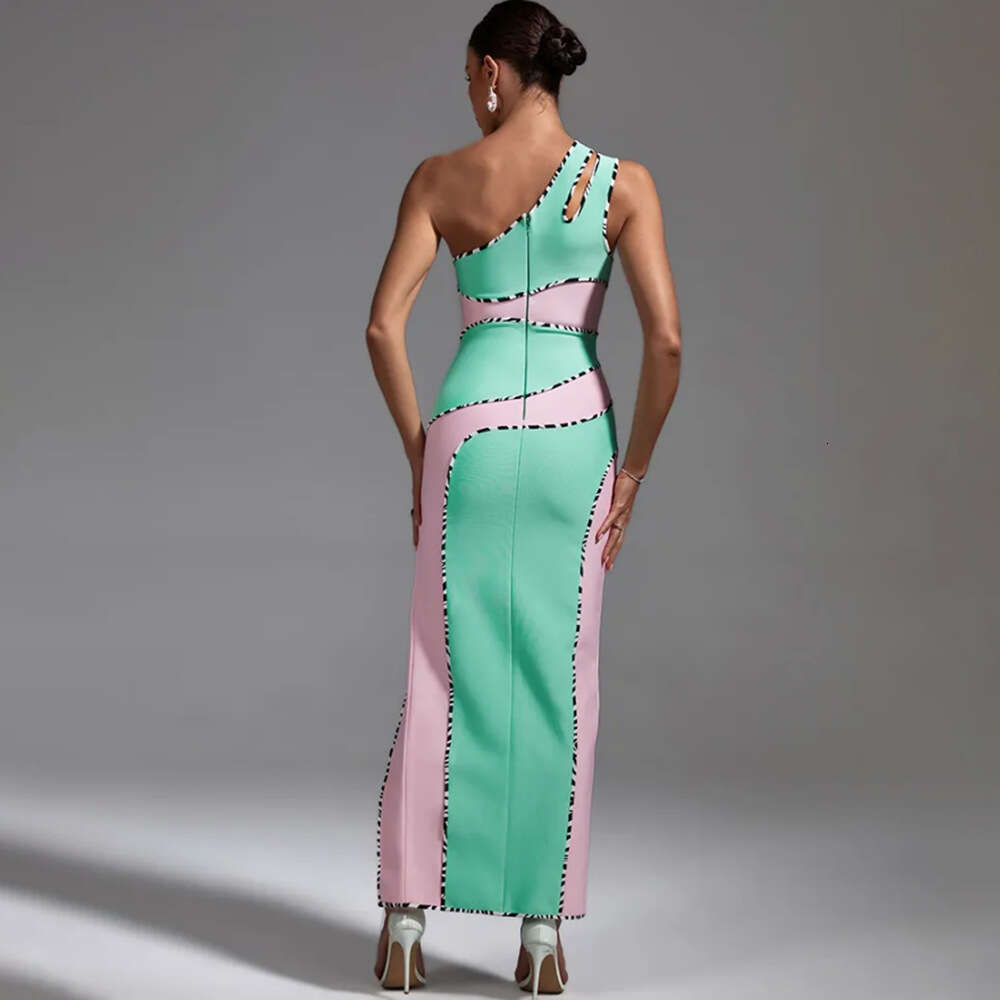 Bandage Pink Green Single Shoulder Slits Långt för Socialite Banket Party Evening Dress 317713