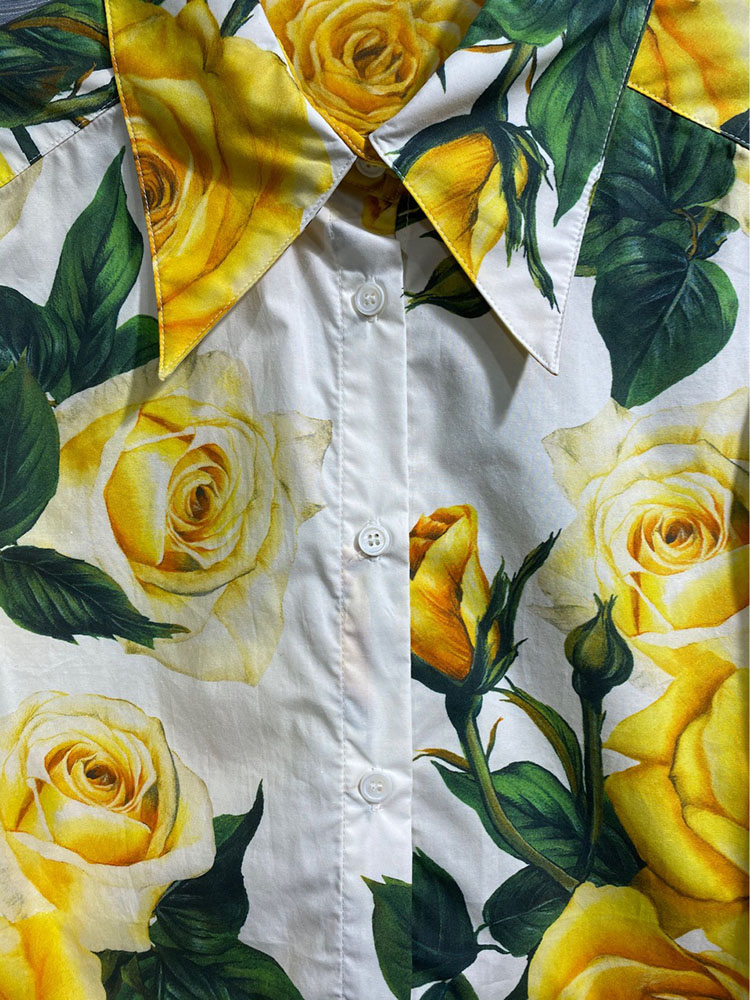 Mode elegant bomullsblusar vår sommarkvinnor gul blommig tryckning Turned krage singelbröst high street skjorta