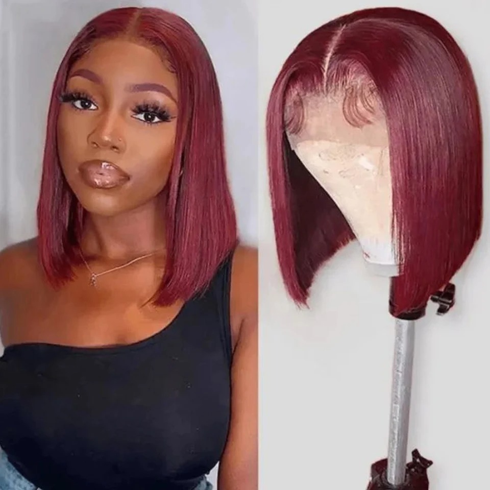 Bordeaux HD Transparante Korte Bob Menselijk Haar Pruiken Braziliaanse 99J Rode Rechte 13x6x1 Lace Front pruik voor Vrouwen Pre Geplukt