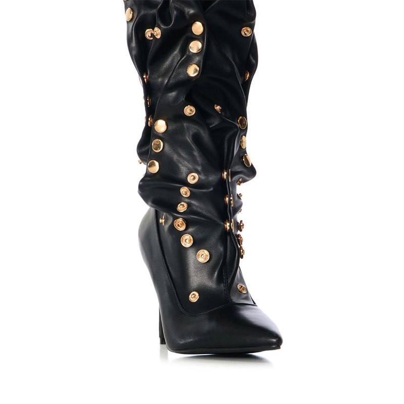 Nuove donne moda rivetto piega ginocchio stivali da donna tacco alto sottile partito a punta stivali lunghi di grandi dimensioni stivali a cappuccio medio