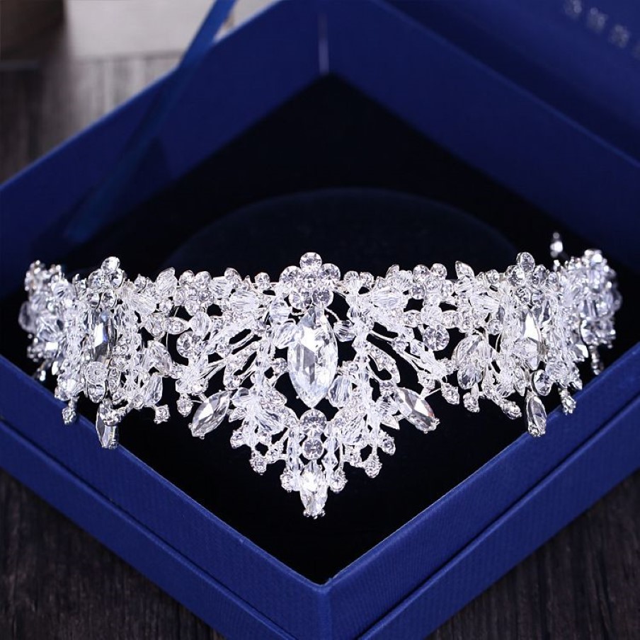 Barock Luxus Strass Perlen Herz Braut Tiara Krone Silber Kristall Diadem Schleier Tiaras Hochzeit Haarschmuck Kopfschmuck C19274m