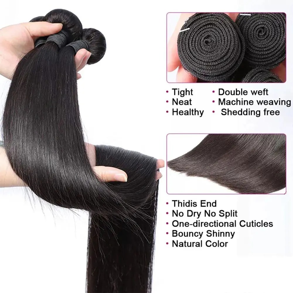 Recht Menselijk haarbundels Braziliaans recht Weefsel van echt haar Natuurlijk Zwart 100% echt haar Remy-haarextensions 1/3/4-delig