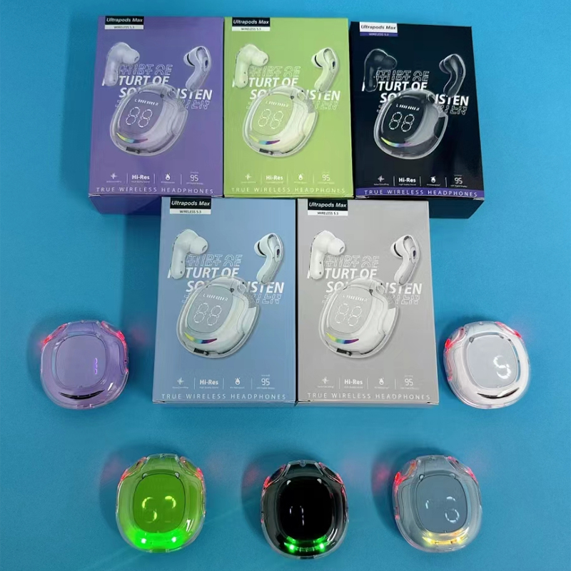 Ultrapods Max Air2 Écouteurs TWS transparents Bluetooth 5.3 Écouteurs sans fil LED multicolore Affichage numérique Gaming In Ear Casque Casque de sport