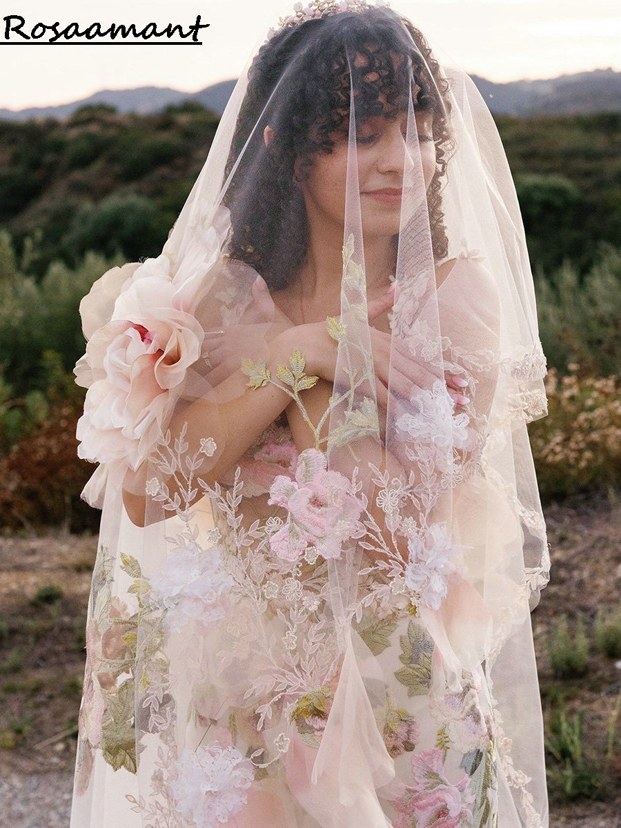 Elegantes tirantes finos, flores en 3D, vestidos de novia de sirena con capa, vestidos de novia con bordado floral