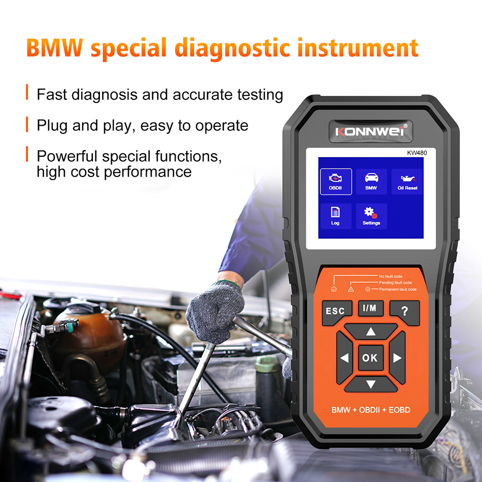 Konnwei KW480 BMW CARSのOBD2スキャナーOBD 2 ABSエアバッグSRSオイルレストフルシステム診断ツールバッテリーマッチE38 E46