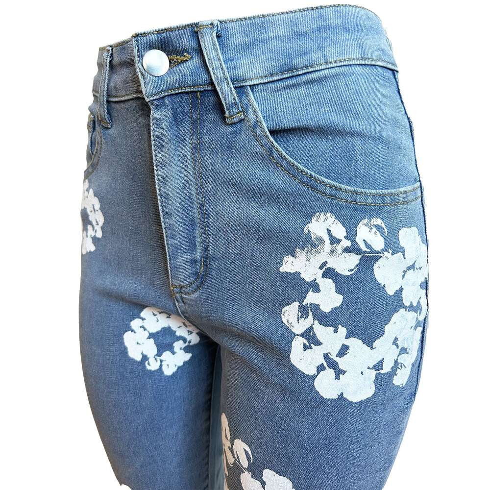 Mulheres jeans elástico denim y2k mulher flor impressão calças de cintura alta moda feminina vintage em linha reta denim retro