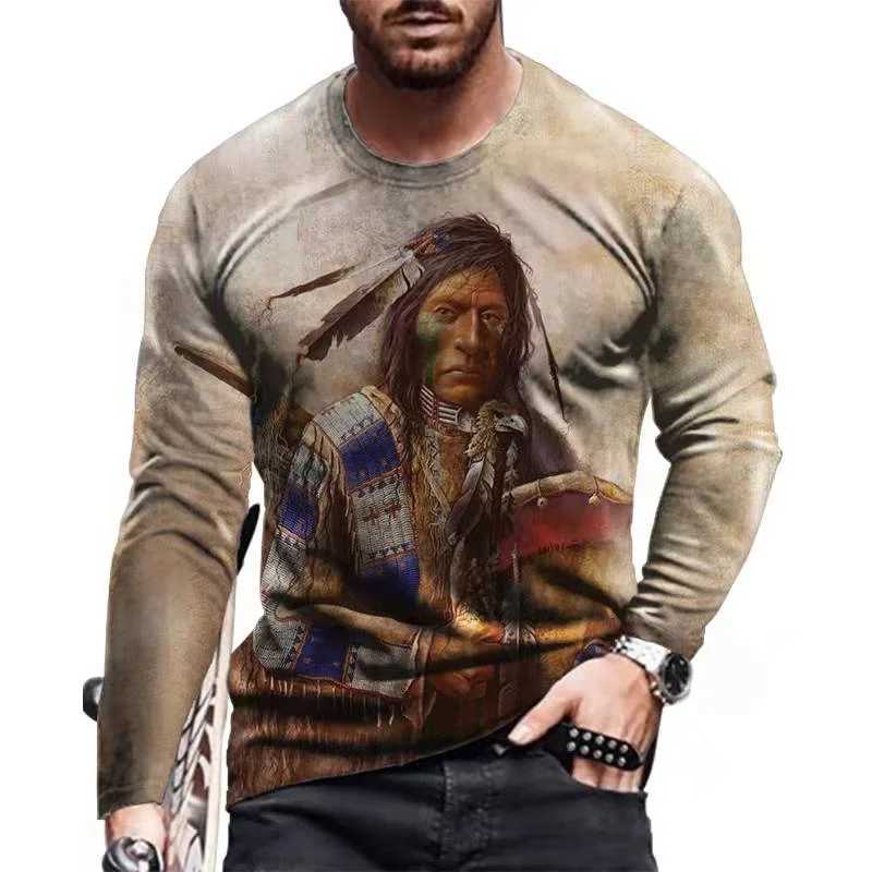 Herren-T-Shirts, Vintage-Indianer-Stil, 3D-Druck, Herbst-Herren-Rundhals-T-Shirt mit langen Ärmeln, modischer Pullover, Herrenbekleidung 240327