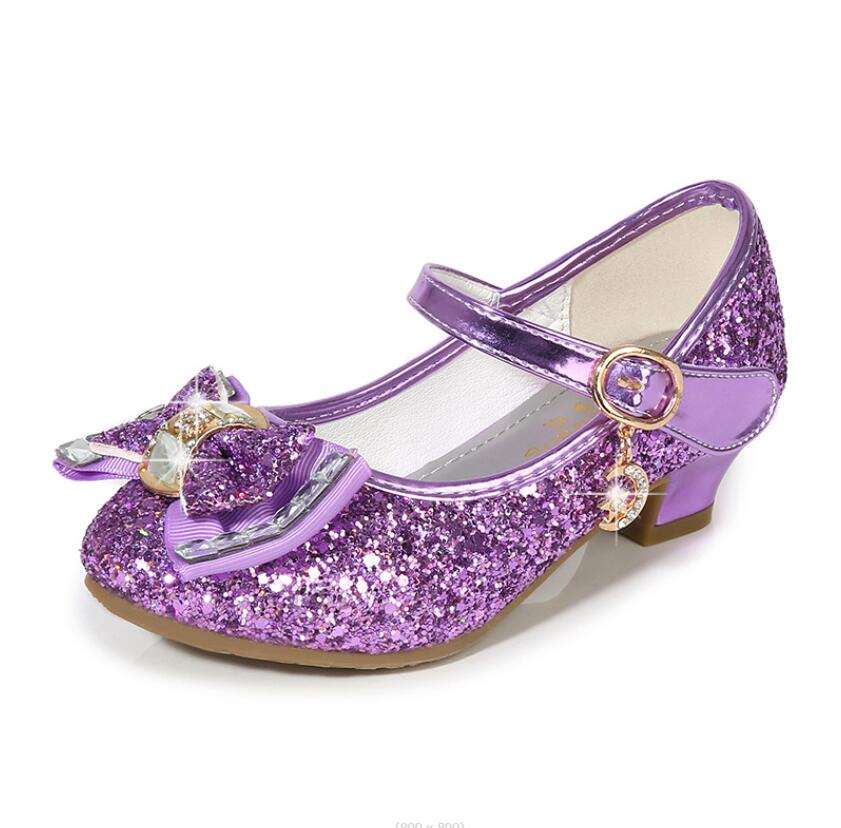 Brand Bow High Heel Shoes For Girls Princess Shoes Barn Paljett Läderskor Kids Party Wedding Bling Glitter Crystal Shoe