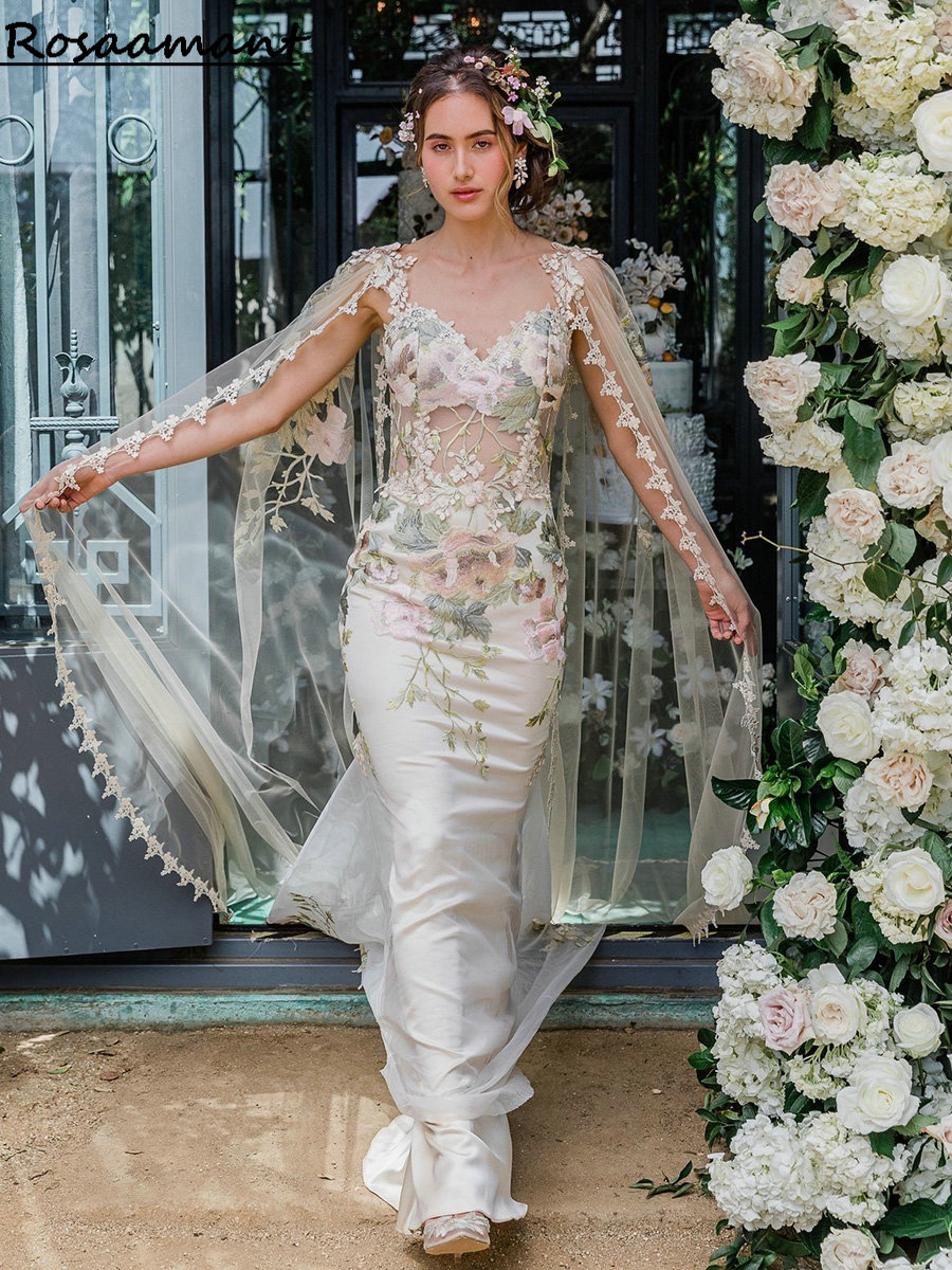 Robe de mariée sirène brodée florale, Image réelle, effet d'illusion, avec Cape, sans manches, style Boho