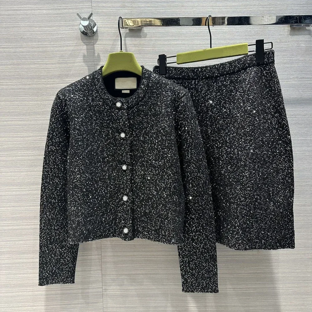 Cardigan tricoté à simple boutonnage + jupe longueur genou pour femme, ensemble 2 pièces, élégant et élégant, avec paillettes, printemps 2024