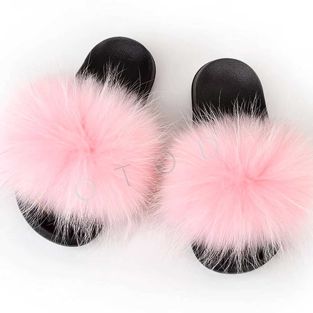 Slippers Slippers Summer womens fur slider fluffy raccoon fox outer flat flip cover rainbow H24032691PZ