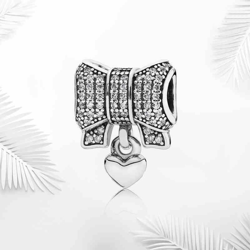 100% 925 Sterling Silver Cubic Zirconia Simple Bow Charms Fit Original European Charm Bracelet Fashion Women Wedding Engagement Je262j