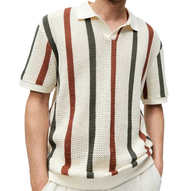 Men's T-Shirts Summer Breathable Knitted Mens T-shirt with Vintage Stripe Print Knitted Beach Polo Shirt with Flaps Short Sleeve 240327