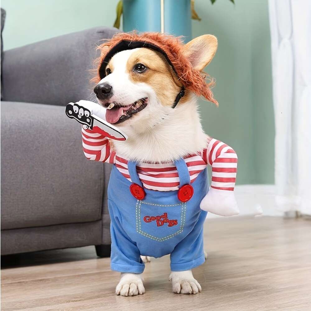 Ropa y peluca transformadas para Halloween, muñeca sangrienta divertida con cuchillo, disfraz de perro para fiestas, suministros para mascotas, 1 ud.