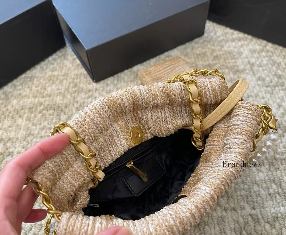 Borsa a tracolla in paglia di design da donna di lusso con catena di perle, borsa la spesa, borse e borsette di alta qualità, fatte a mano, grande sacco della spazzatura, hardware dorato 2663