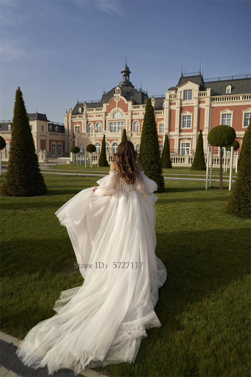 Mordern Herzförmiger Ausschnitt Hochzeitskleid Schulterfrei Spitze Applikationen Puffärmel A-Linie Brautkleid Vestidos De Novia