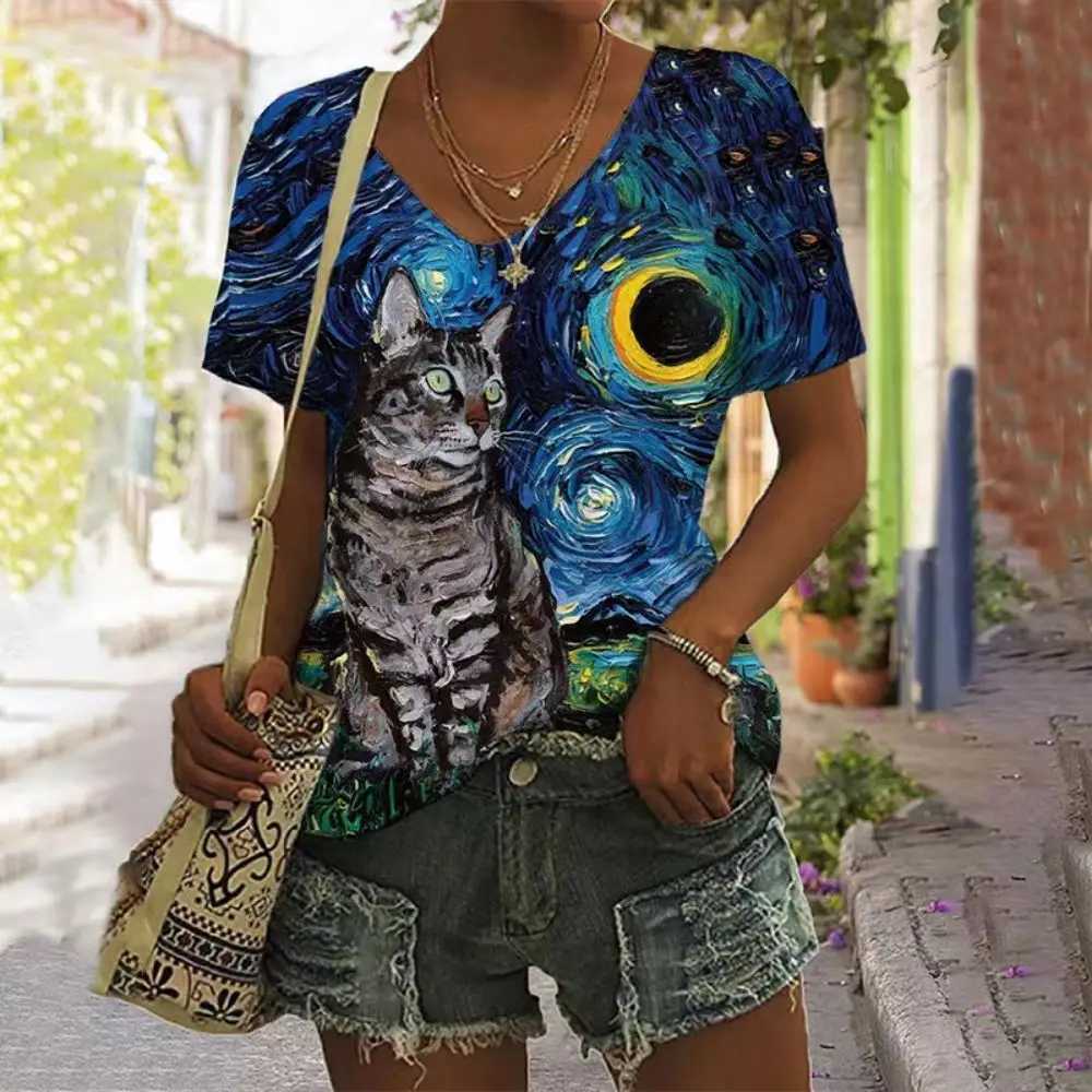 Kvinnors tankar Camis Nya sommarkvinnor T-shirt Kort ärm Top Cat Graphic V-Neck Extra Large Clothing Girl Street Clothing Womens T-shirt 2023 24326