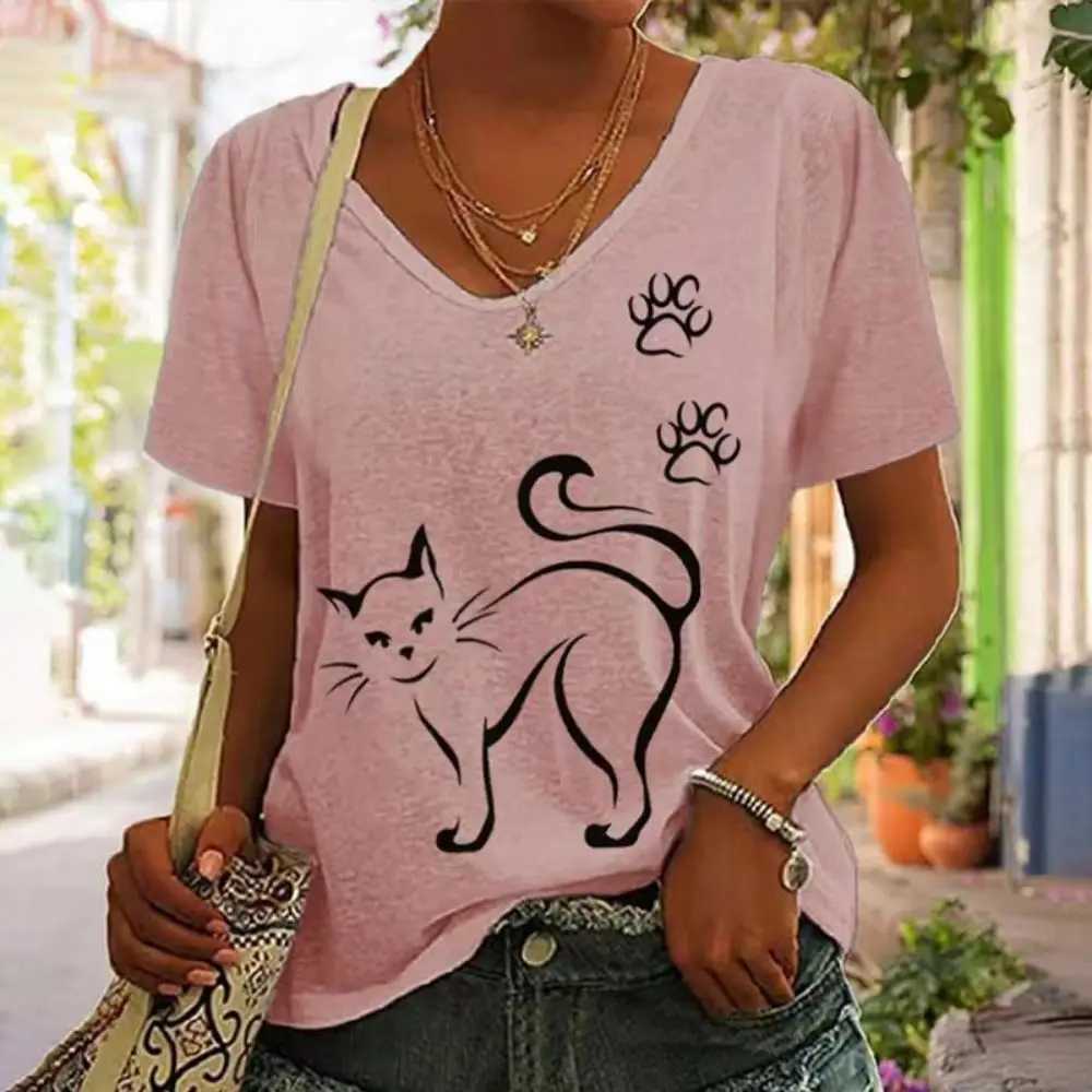 Kvinnors tankar Camis Nya sommarkvinnor T-shirt Kort ärm Top Cat Graphic V-Neck Extra Large Clothing Girl Street Clothing Womens T-shirt 2023 24326