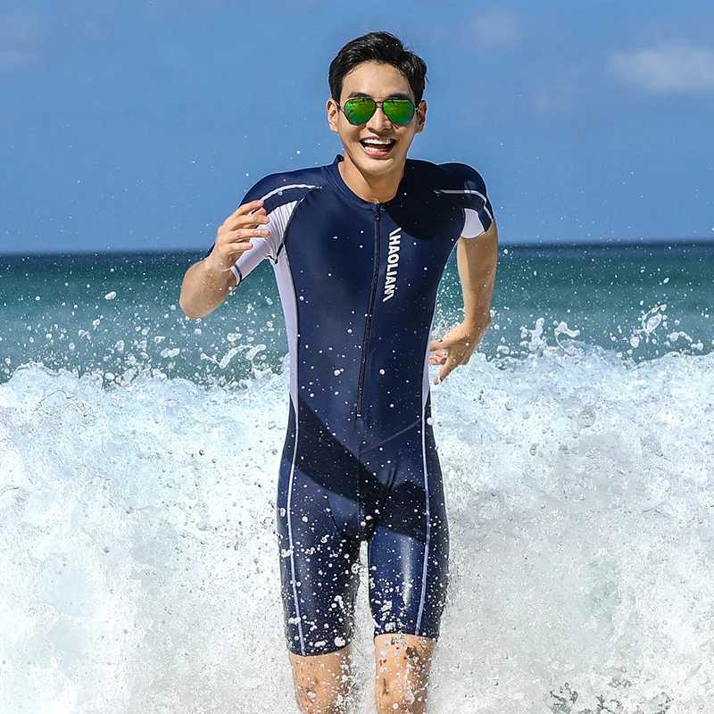 Men's Swimwear Plus Size Short Sleeve Rash Guard Men Front Zipper Wetsuit Swimming Snorkeling Surfing Swimsuit Free Diving Body Suits Swimwear 24327