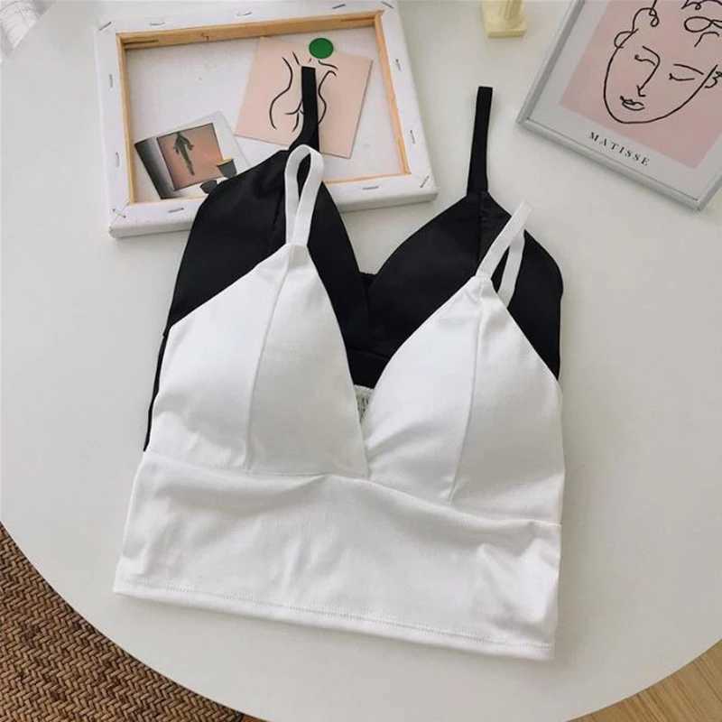 Camisetas sin mangas para mujer Bralette inalámbrico para mujer top de crochet top con corte de satén sexy camiseta con tirantes finos para mujer cortada con almohadilla en el pecho Camissol 24326