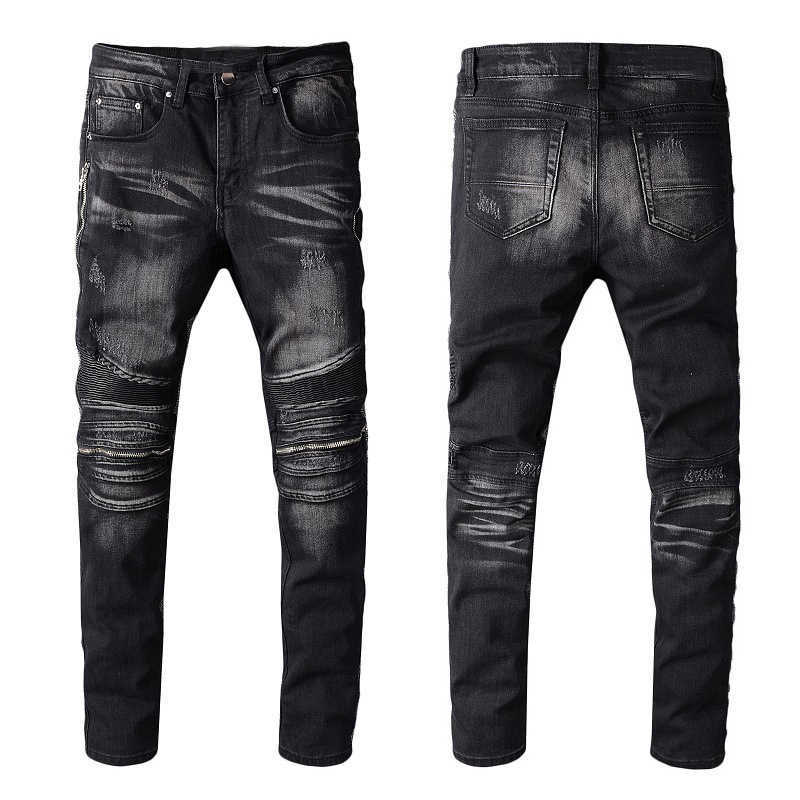 Trendamiri 607 High Street Fashion Brand een zwarte punkstijl ritsbroek elastische skinny jeans heren