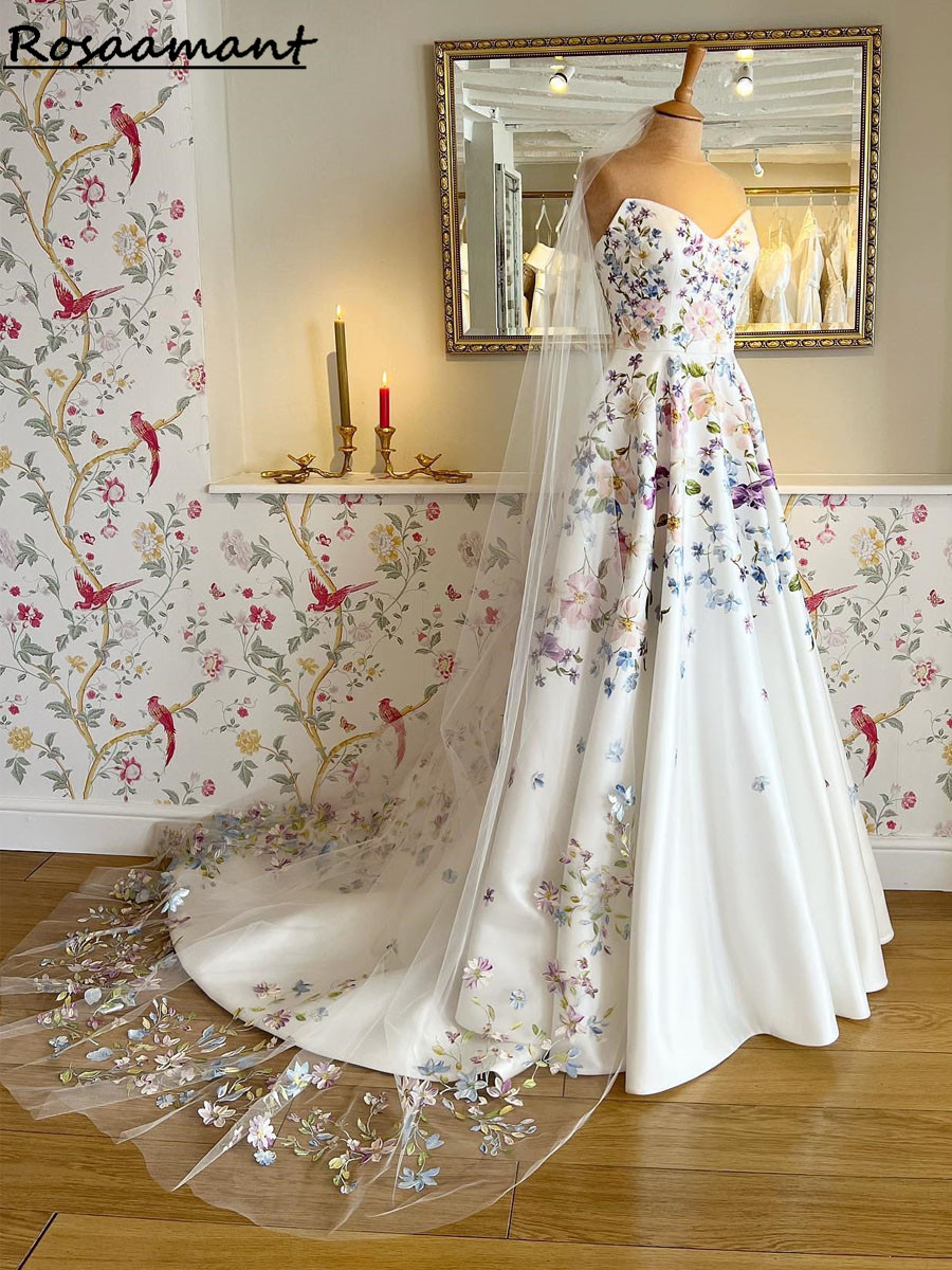 Vestido de novia con apliques de encaje y estampado de flores para mujer, Vestido de novia de gasa sin mangas con cuello en V, Vestido de novia