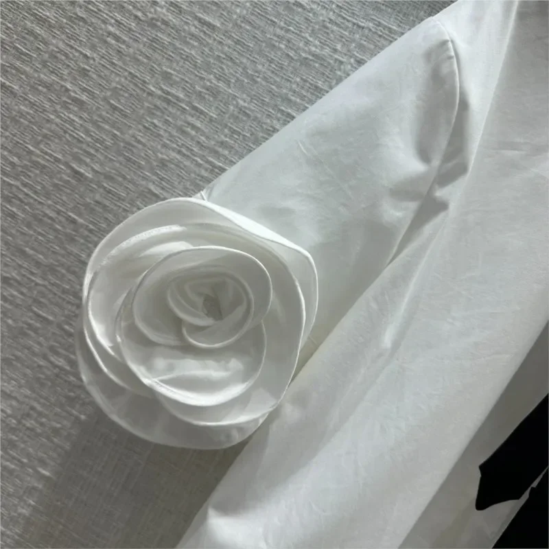 2024 Spring/Summer New Women's Solid Color Polo Collar 3D Rose Blossom Fashion Loose Medium Length Short Sleeve Shirt