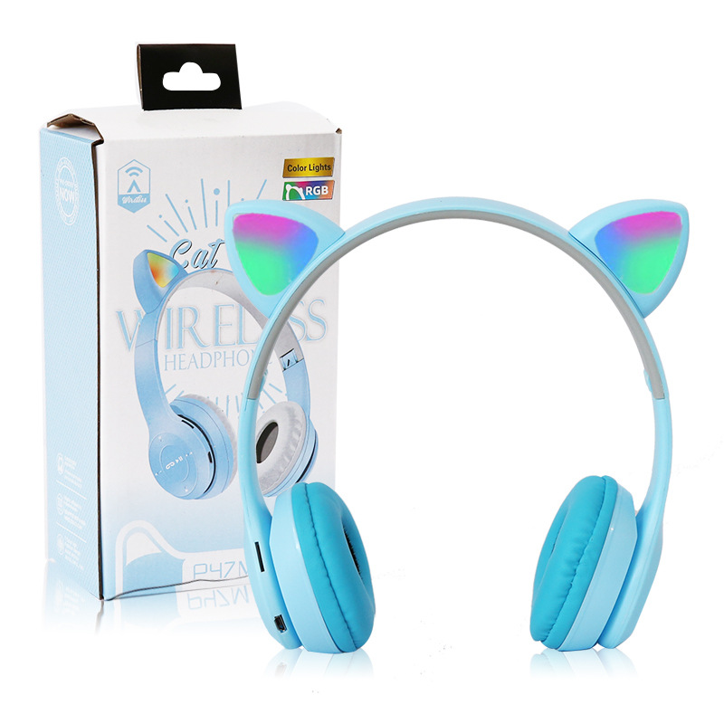 P47M enfants sans fil pliable mignon chat casque sport jeu casque avec micro LED lumières F0019