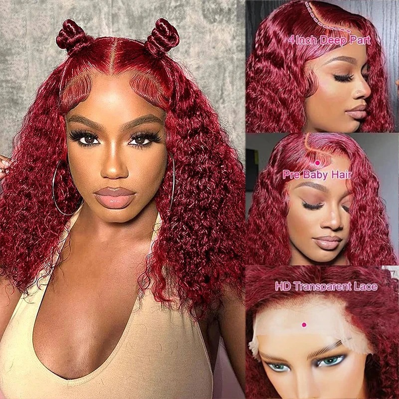 99J Burgundy Deep Wave Red Water Bob Bobs Glueless Human Hair Wigs 13x4 HD Prontal Prontal Curly Curly Curly for Women