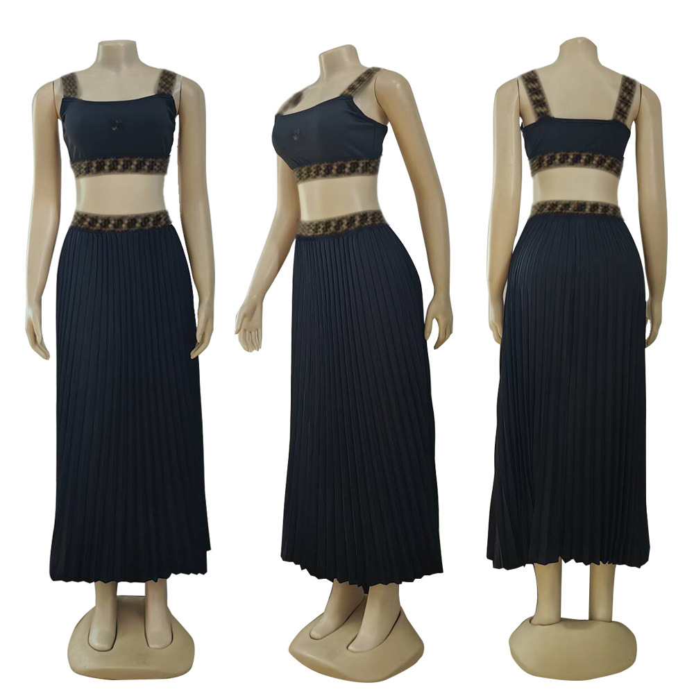 2024 Fashion Two Piece Dress Women Sexy Vest Top and Pleated Skirt Sets Outfits Free Ship