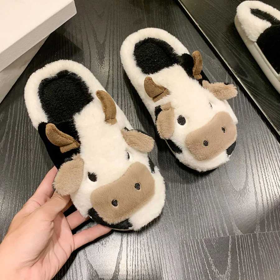 Sandals Winter slider cute girl Kawaii fluffy and warm plush slider cartoon milk cow house fun casual shoesL2403