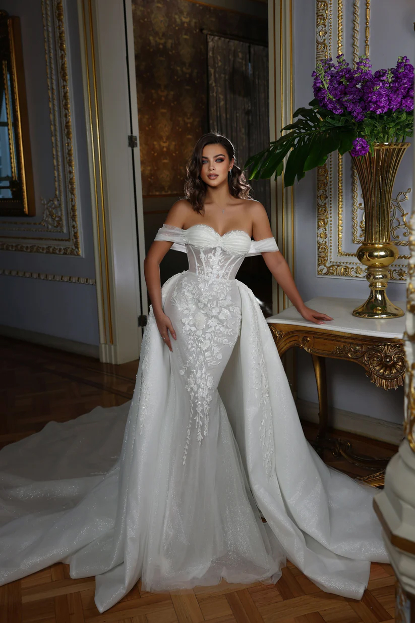 2024 Luxe Hors Épaule Manches Chérie 2 En 1 Robes De Mariée Sirène Train Amovible Perles Appliques Dentelle Trompette Robes De Mariée