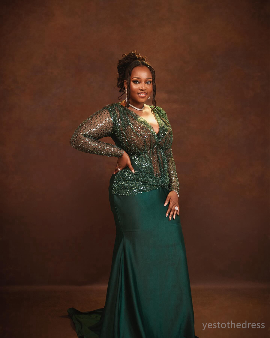 2024 Plus Size Aso Ebi Prom Dresses For Black Women Hunter Green Evening Dresses Elegant Promdress V Neck Long Sleeves Sequined Lace Birthday Dress For Occasion AM598