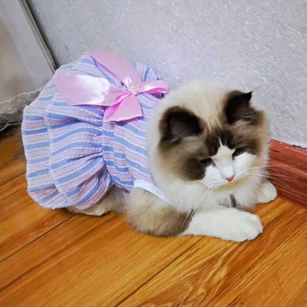 Katze Welpen Prinzessin Kleid, Sommer Haustierkleidung, gestreifte karierte Kleider mit Bogen für Katzen Kätzchen Kaninchen Sphynx Kleidungsstück Hundekleid