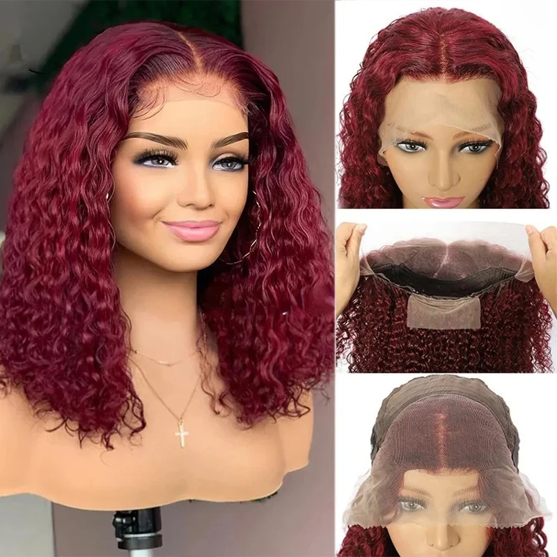99j borgonha onda profunda água vermelha bob perucas sem cola perucas de cabelo humano 13x4 hd transparente laço frontal perucas encaracoladas para mulher