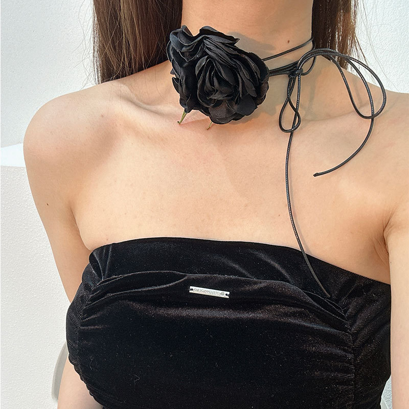 Sexy Fashion Fabric Flower Strap Choker Necklace for Women Handmade Wax Thread Dual Use Necklaces Lace-up Rope Neck Collar