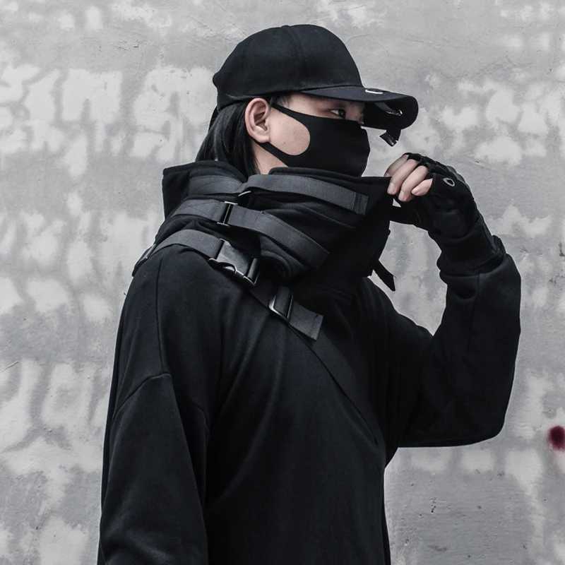 Herrtröjor tröjor trendig manlig japansk stil samurai mörk svart funktionell vind fisk mun hoodie hoodie mens casual cyberpunk hooded jacka 24328