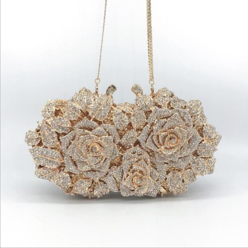 Sacs de soirée Éblouissant Femmes Or Rose Fleur Creux Out Cristal Embrayages En Métal Petit Sac À Main Bourse De Mariage Pochette Diamond2140