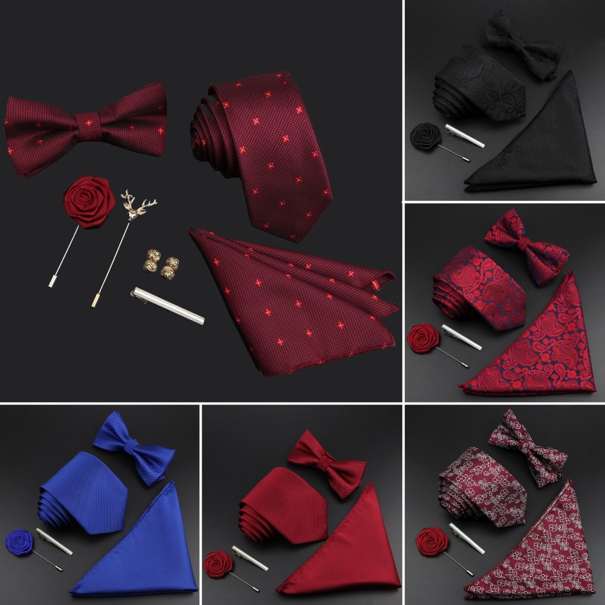 Solid Color Silk Men Tie Set Polyester Jacquard Woven Slips Bowtie Suit Vintage Red Blue For Boom Business Wedding Party232J