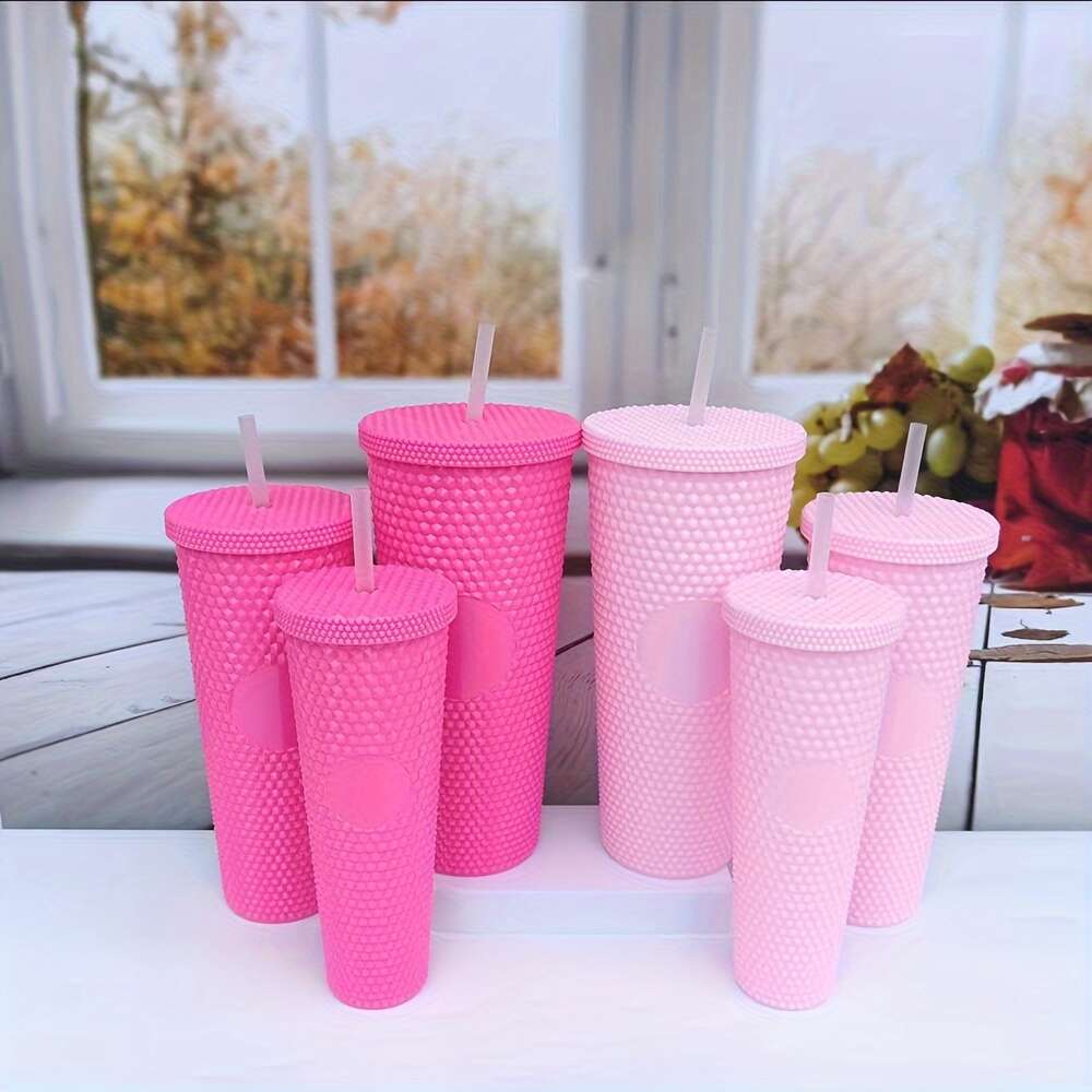 /400ml/700ml/1.1l Studded Tumbler with Lid Straw Solid Color Plastic Water Bottle for Summer Winter - Travel Drinkware and Christmas Gift